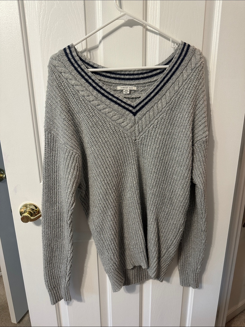 American Eagle Grey V-Neck Knit Sweater with Navy Trim